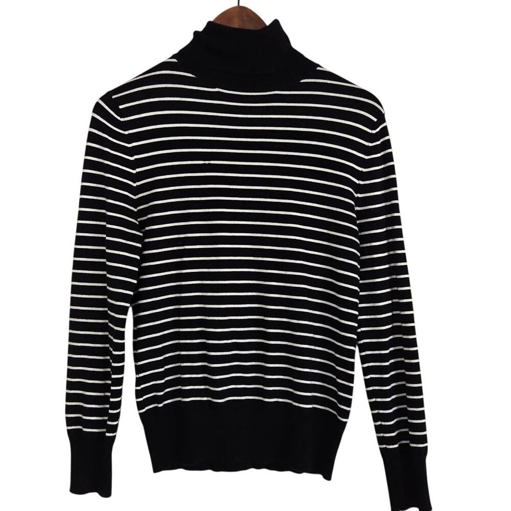 Classic Minimalist Parisian Style Black & White Striped Mock Neck Sweater L